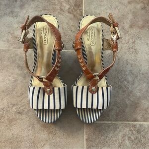 Coach Gwynn Blue Off-White Striped Open-Toe Nautical Slingback Wedge - Size 6